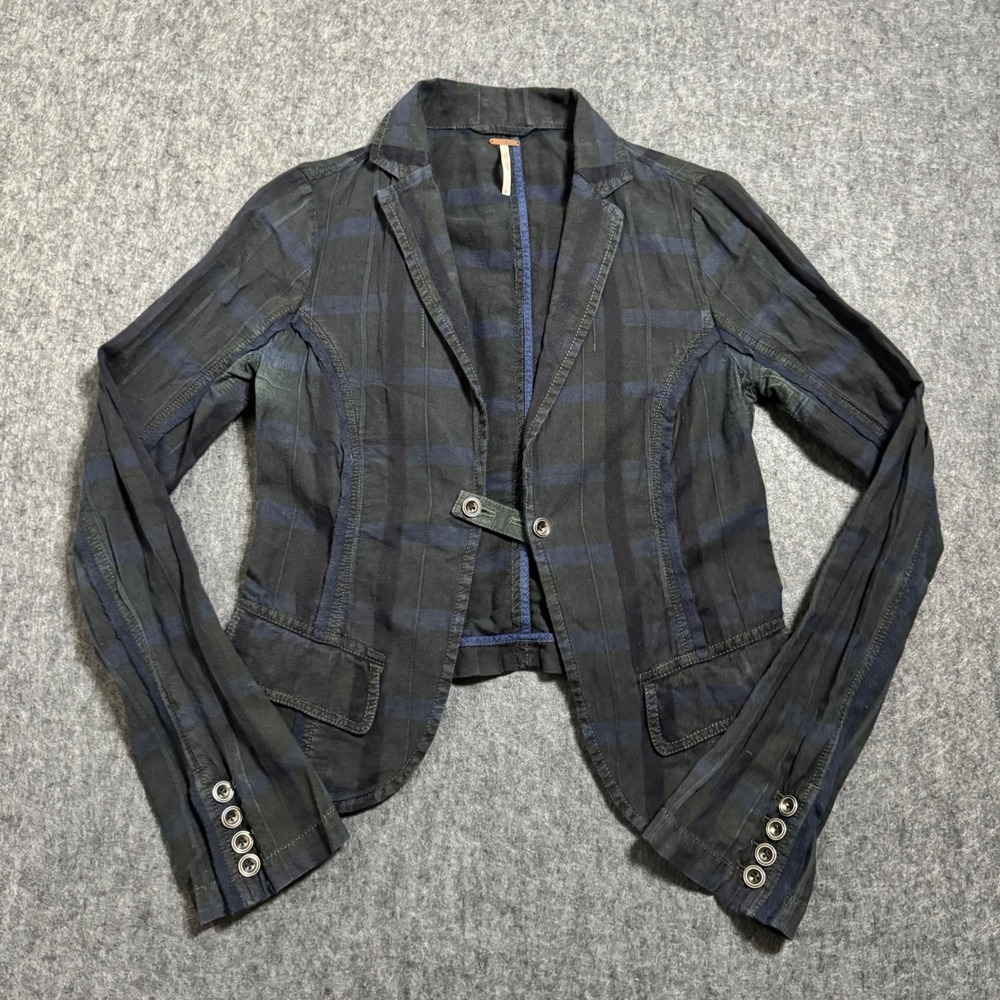 Free People Plaid Linen Blend Blazer Blue Black Single Button Jacket Size 2